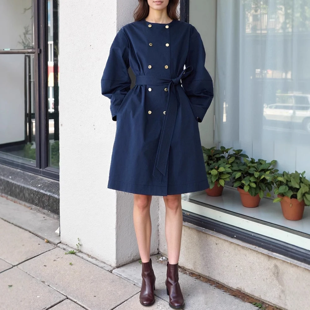 

Элегантная ветровка с круглым вырезом и двухрядным металлическим поясом с пряжкой, женский топ в европейском и американском классическом стиле