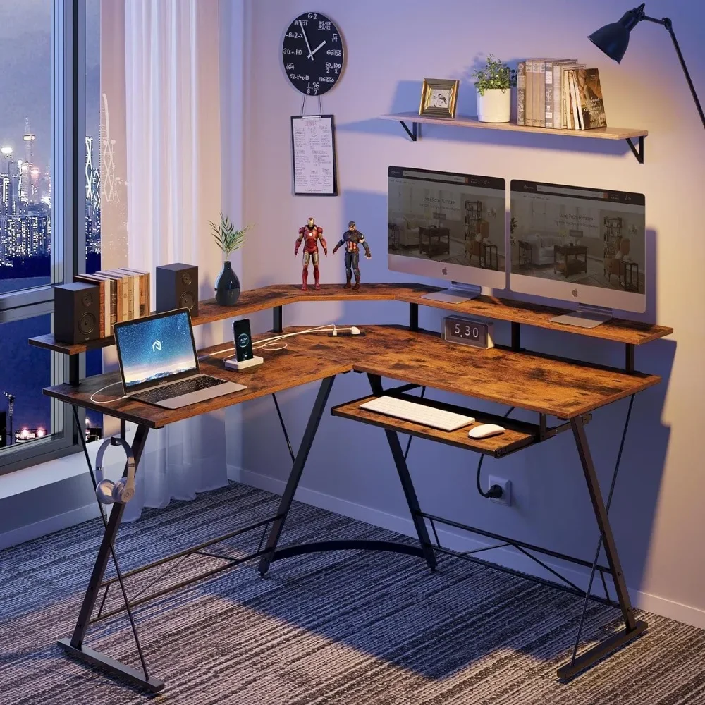 54” Reversible L Shaped Computer Desk With Monitor Stand and Keyboard Tray Home Office Desk With USB Port & Hook Game Table