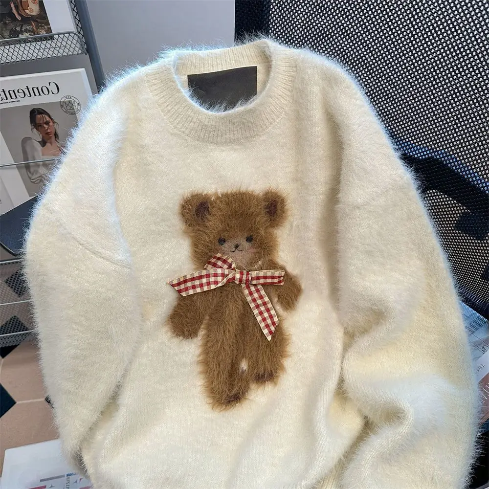 Maglione con stampa orso carino 2025 Autunno Inverno Mohair Top in maglia Coquette Capispalla moda unisex in peluche estetico