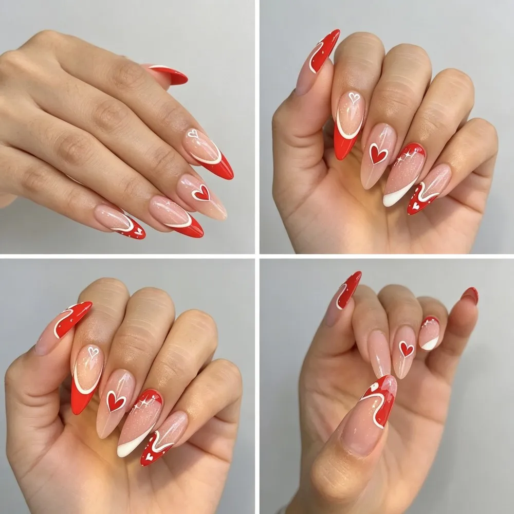 24pcs French Tip Press On Nails Nude Pink With White Heart & Glitter Long Almond Fake Nails Reusable False Nail Tips For Dating view 4