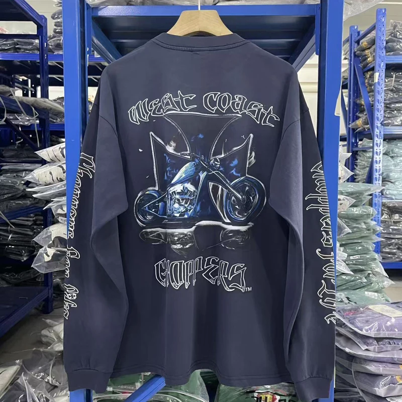 Motorcycle Cross Print Weat Coast Choppers Long Sleeve T Shirt Men Women Washed Blue Loose Vintage Round Neck T-shirt Tops Tee