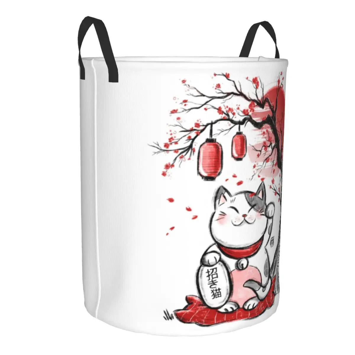 Maneki Neko Sakura Flowers Laundry Basket Foldable Lucky Cat Cherry Blossom Clothes Hamper for Nursery Kids Toys Storage Bag