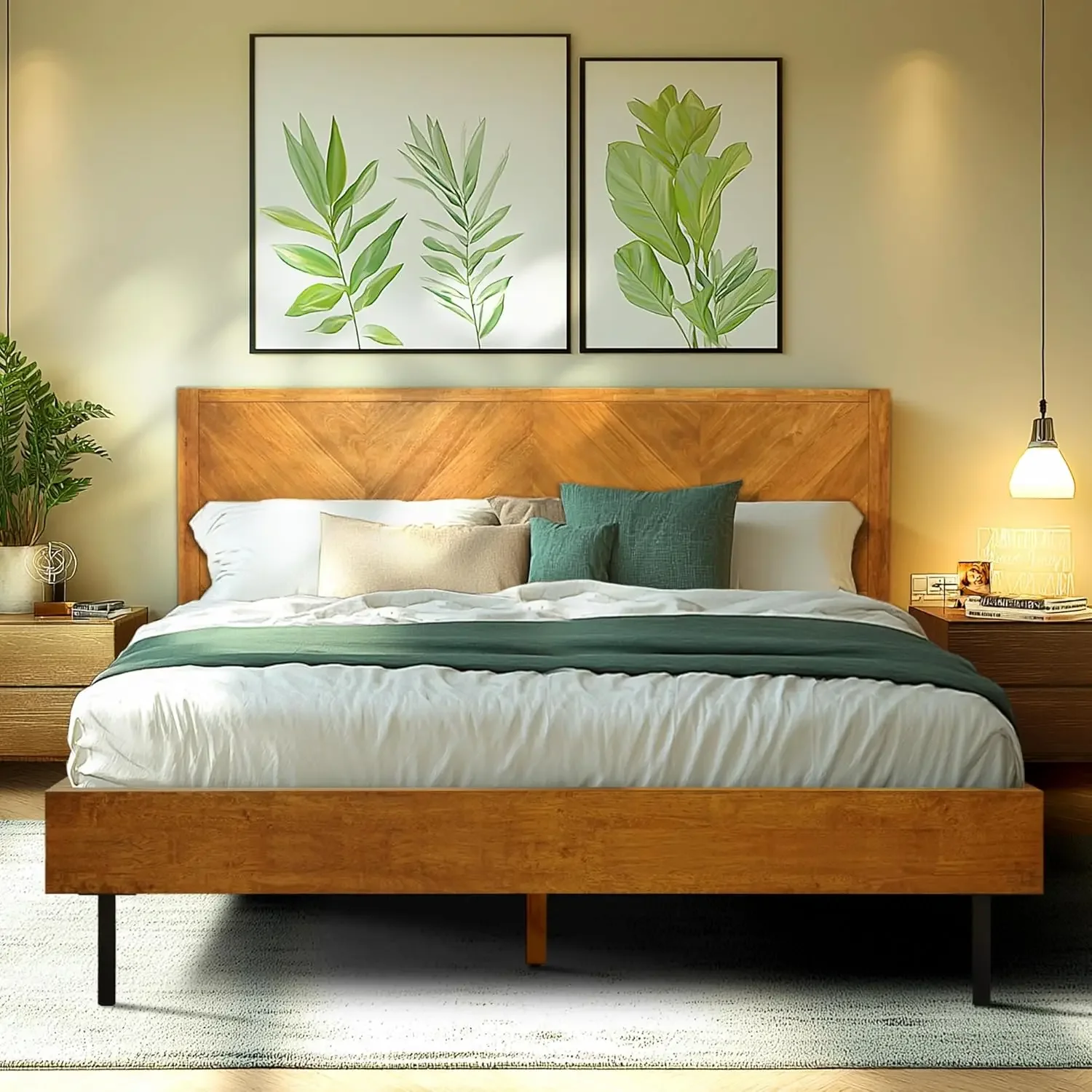 Bed Frame with Headboard Bed Frame Queen Size Solid Wood Platform Bed,  High Headboard Wood Bed Compatible ,Walnut