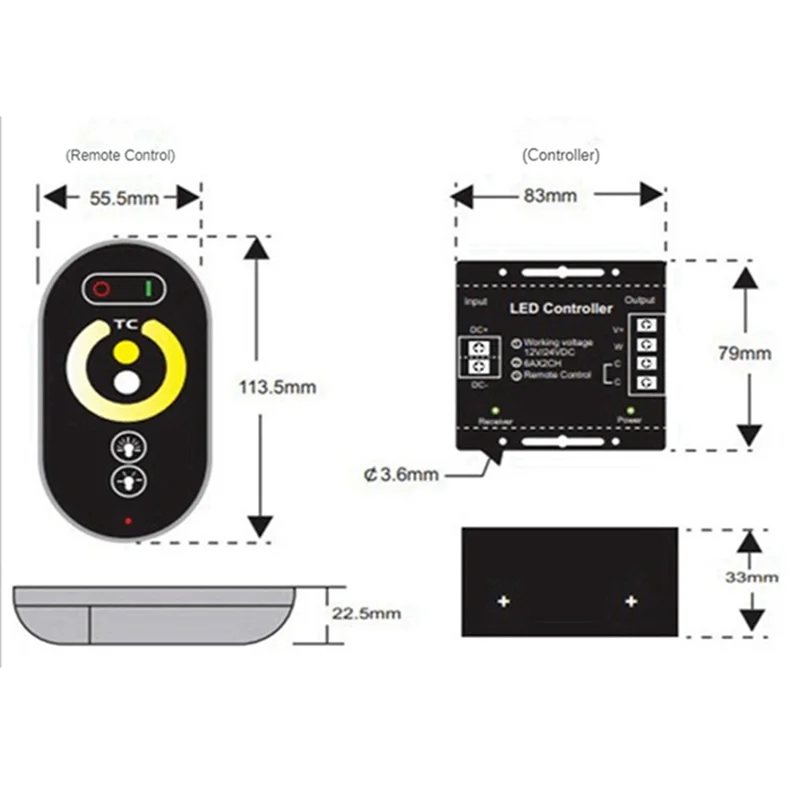 Abzv-controlador de escurecimento de toque led portátil 6 teclas rf controle remoto sem fio led monochrome luz de tira dimmer 12-24v 18a