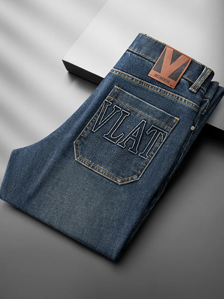 

Blue Embroidered Thi Cotton Denim Jeans Men's Straight Leg Combed Cotton Elastic High End Casual Trousers