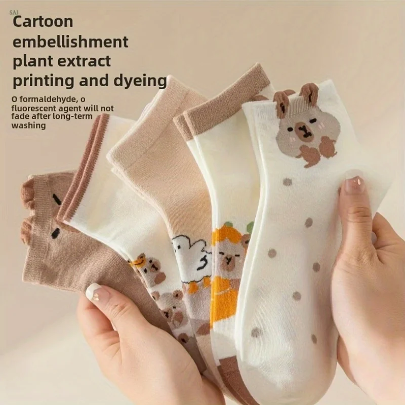 

5 Pairs Women's Cartoon Bear Ankle Socks - Lightweight Breathable Stretchy for Spring Summer, White Dots & Cute Bear Design