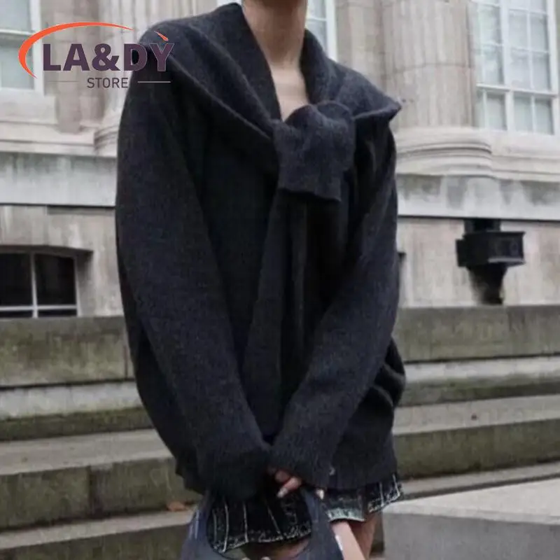 Women Gray Cardigan 2024 New Winter V-Neck Loose Long Sleeve Female Knitted Jacket Tops