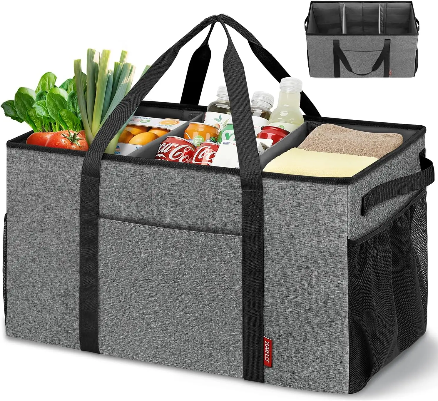 ZOMFELT 75L Standing Extra Large Utility Tote Bag with Removable Dividers & 4-sided Reinforced, Reusable Grocery Shopping Bags F