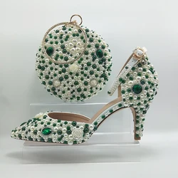 2024 New Arrival Green pearl Pointed Toe Female Party shoe and Purse wedding shoes woman Fashion Thin Heel Shallow High Pumps