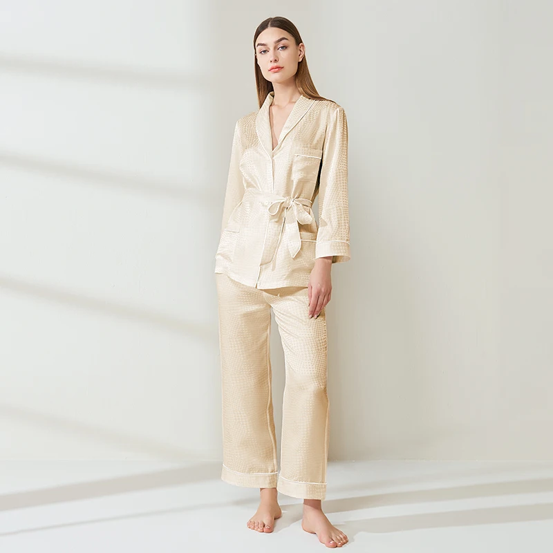 

Houndstooth Jacquard 19MM Real Mulberry Silk Women's Lace-up Pajama Long Sleeve Trousers Pajamas Suit Casual Cardigan Home Wear