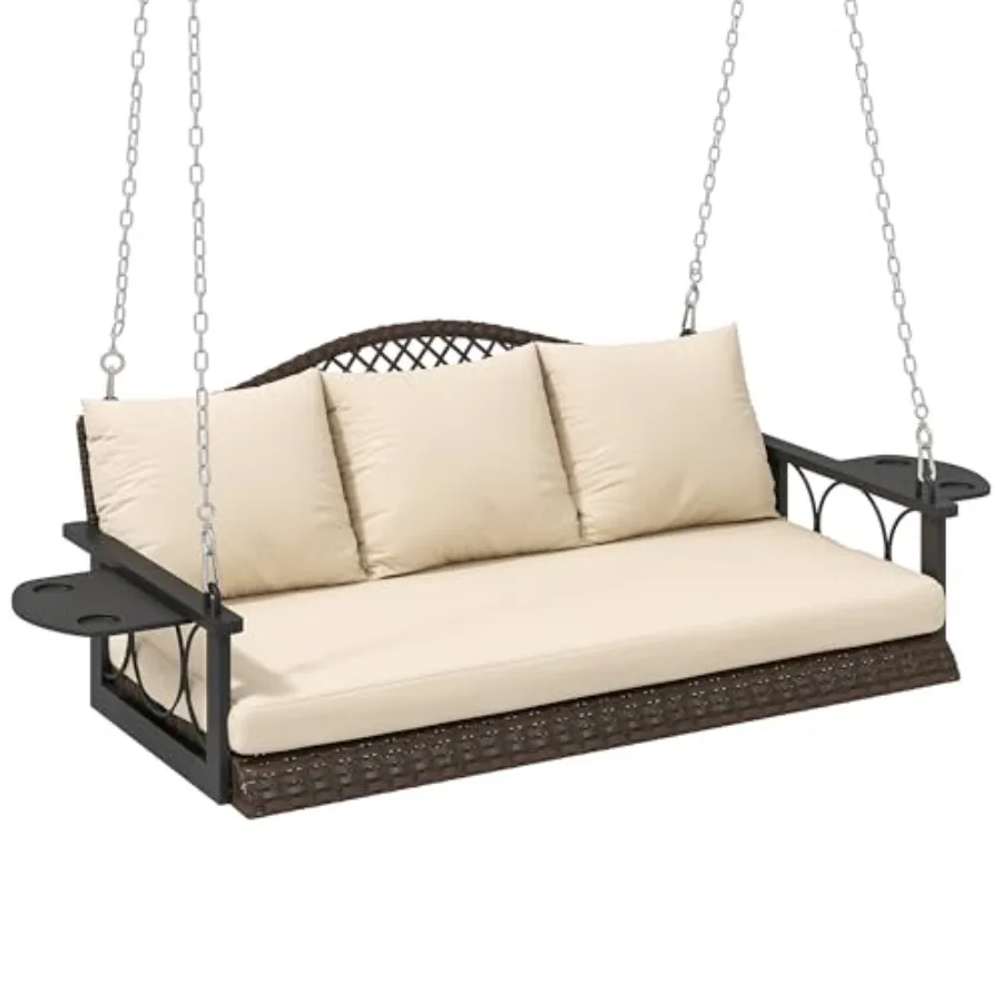 

3 Person Wicker Porch Swing Chair Heavy Duty 800 LBS with Cup Holder 57 Inch Outdoor Rattan Patio Hanging Swing Bench with Cush