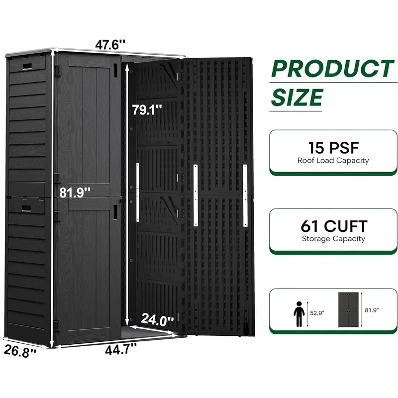 Tall Vertical Outdoor Storage Shed 61 Cu Ft Waterproof Resin Storage Cabinet with Floor All-Weather Garden Shed for Garage