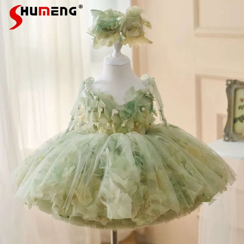 

Зеленое 3D-платье с цветочным узором для девочки, нарядное платье принцессы с жемчужными бретелями и фатином для крещения, дня рождения, детского вечернего или торжественного мероприятия