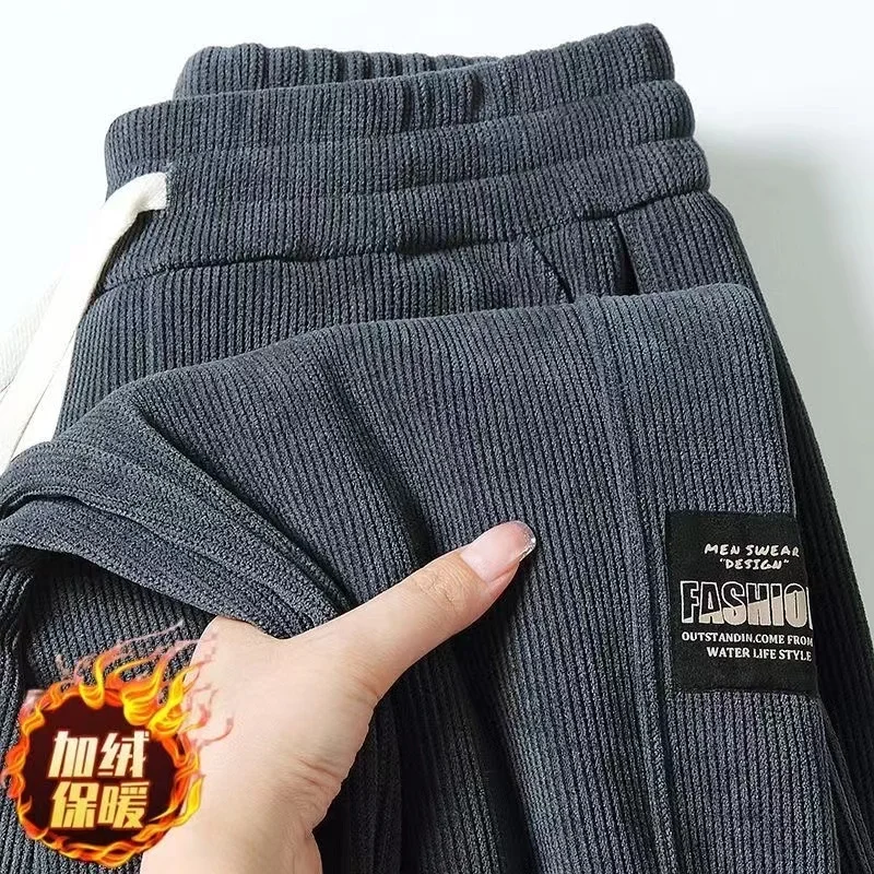 

Thickened Fleece Corduroy Cargo Pants Loose Fit Drawstring Long Trousers for Men Autumn Winter Casual Wear Youth Style