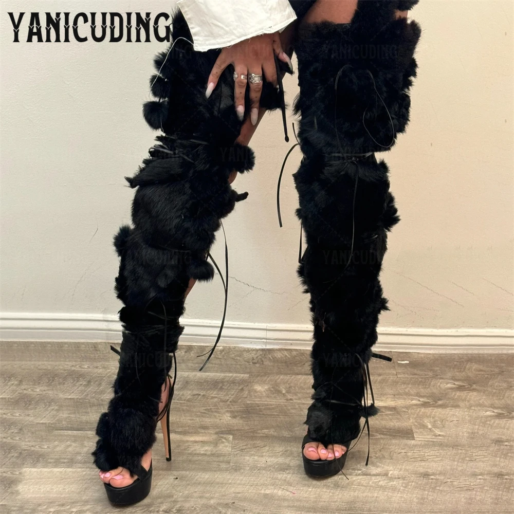 Black Fur Wrap Sandal Boots Luxurious Style over the Knee Summer Boots Round Open Toe Platform Stiletto Strappy Boots for Women