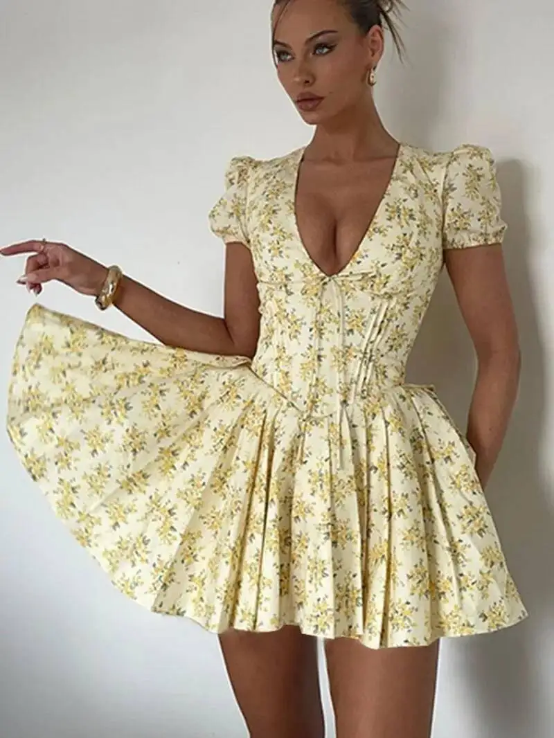 프린트 V넥 퍼프 소매 미니 드레스 플로럴 프린트 하이웨이스트 리본 장식 드레스 패션 여성 미니 드레스 V넥 탑