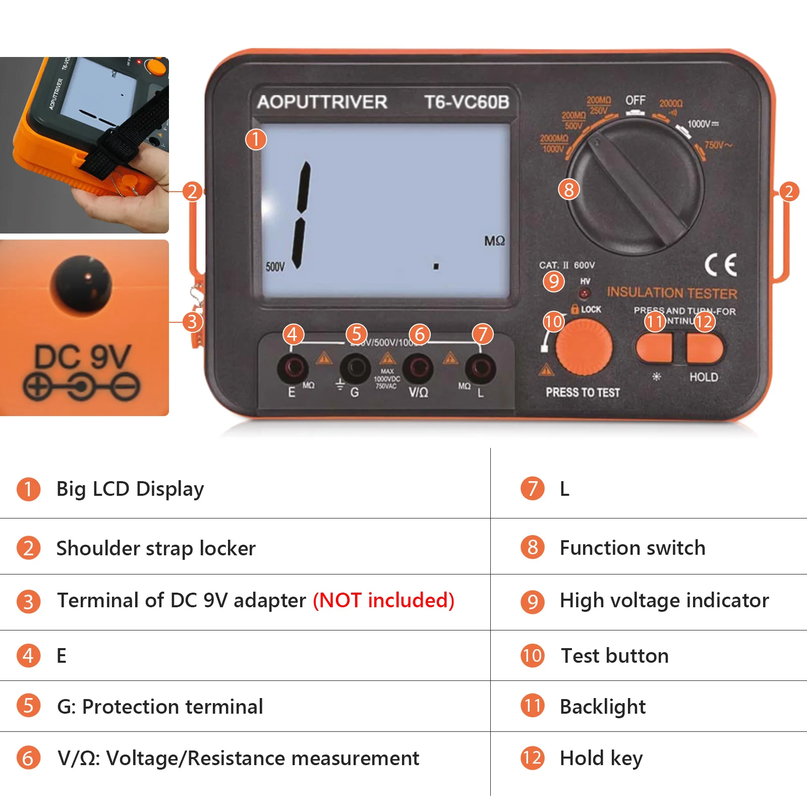 

Holdpeak Insulation Resistance Tester 250V/500V/1000V Megohmmeter 2000MΩ DC/AC Voltage Continuity