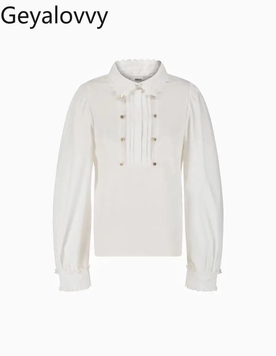 خريف جديد الفتيات الحلو تنوعا قميص أبيض الدانتيل الفرنسي والتطريز الدانتيل طوق صف مزدوج الذهب زر نفخة قميص طويل الأكمام