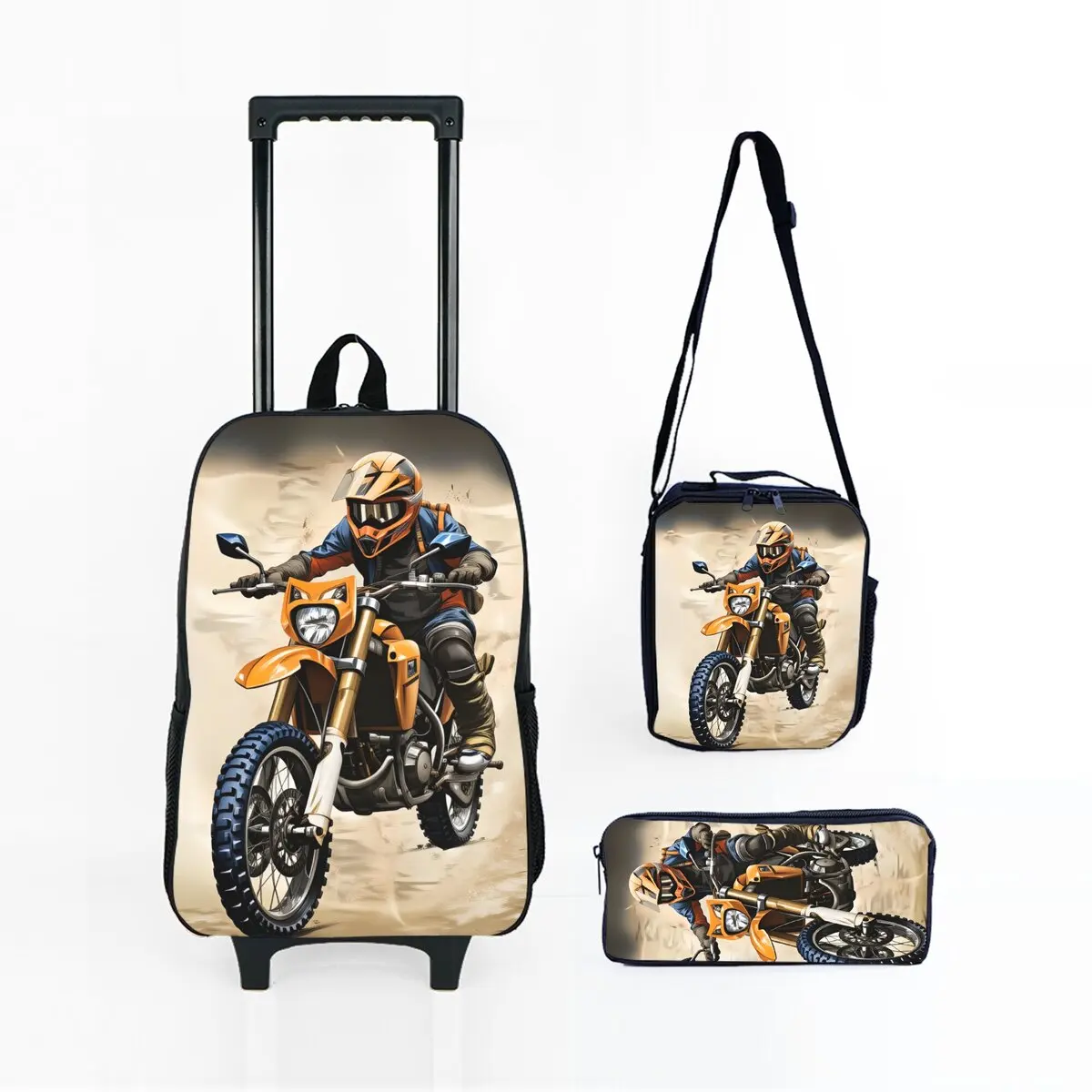

Комплект школьных сумок на колесиках с принтом мотоцикла: рюкзак-тележка, сумка для обеда и пенал для девочек/мальчиков