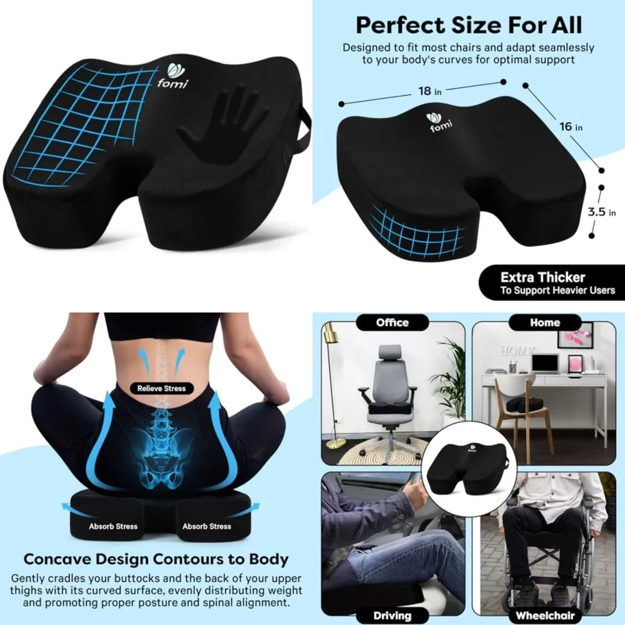 

FOMI Extra Thick Firm Coccyx Orthopedic Memory Foam Seat Cushion Black Large Cushion for Car or Truck Seat, Office Chair, Wheel
