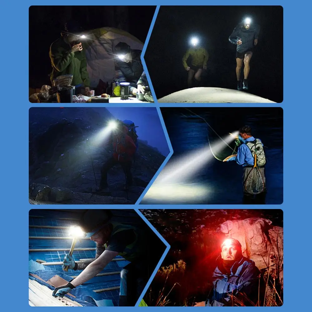 Bright 8LED Headlamp 2000mAh Type-C rechargeable head flashlight with Digital Display Warm+White+Red  camping fishing headlight