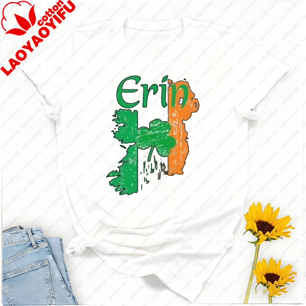 Casual Style Women's T-Shirt Erin Ireland Flag Shamrock Print St Patrick's Day Gift for Her Graphic T Shirts Women Clothing Tops