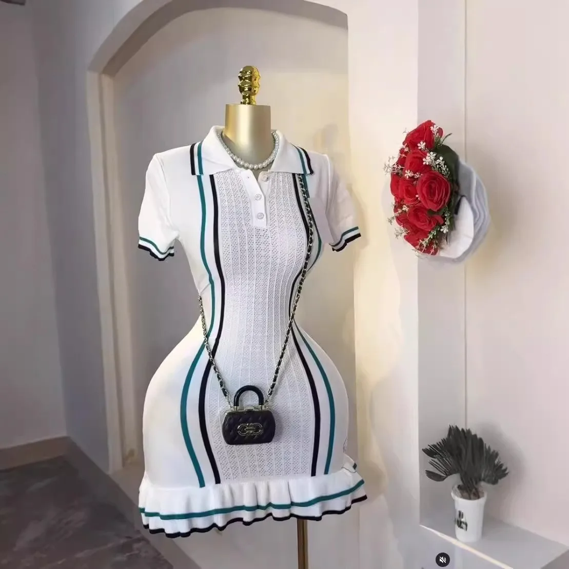 

Women Knitted Sweater Dress Half Sleeve Dresses Turn Down Collar Ruffles Pullover Spliced Loose Casual Summer Buttons 2025