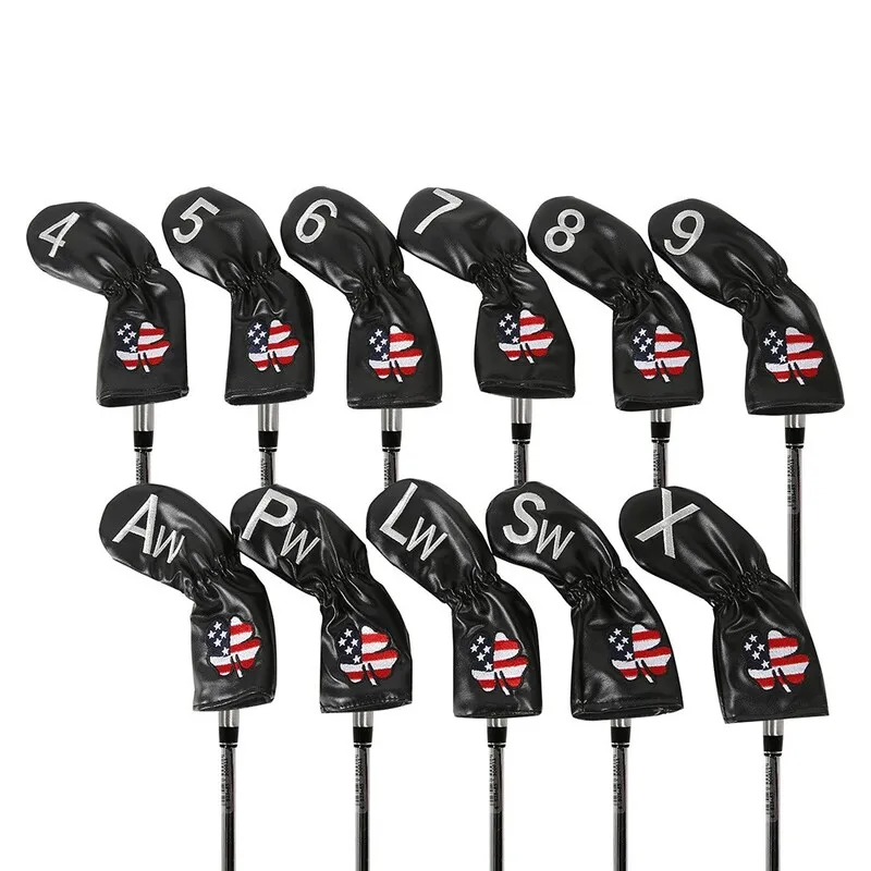 11Pcs Golf Ironcover Golf Iron Head Dustproof Impact Protection Cover Black Utility Pu Protective Cover Head Cap