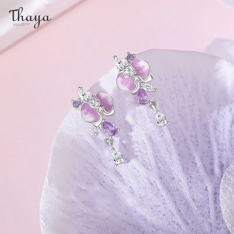 Серьги Thaya из стерлингового серебра S925, классические женские серьги с элегантными фиолетовыми цветами, висячие серьги для женщин, изысканные украшения для подарков на день рождения.