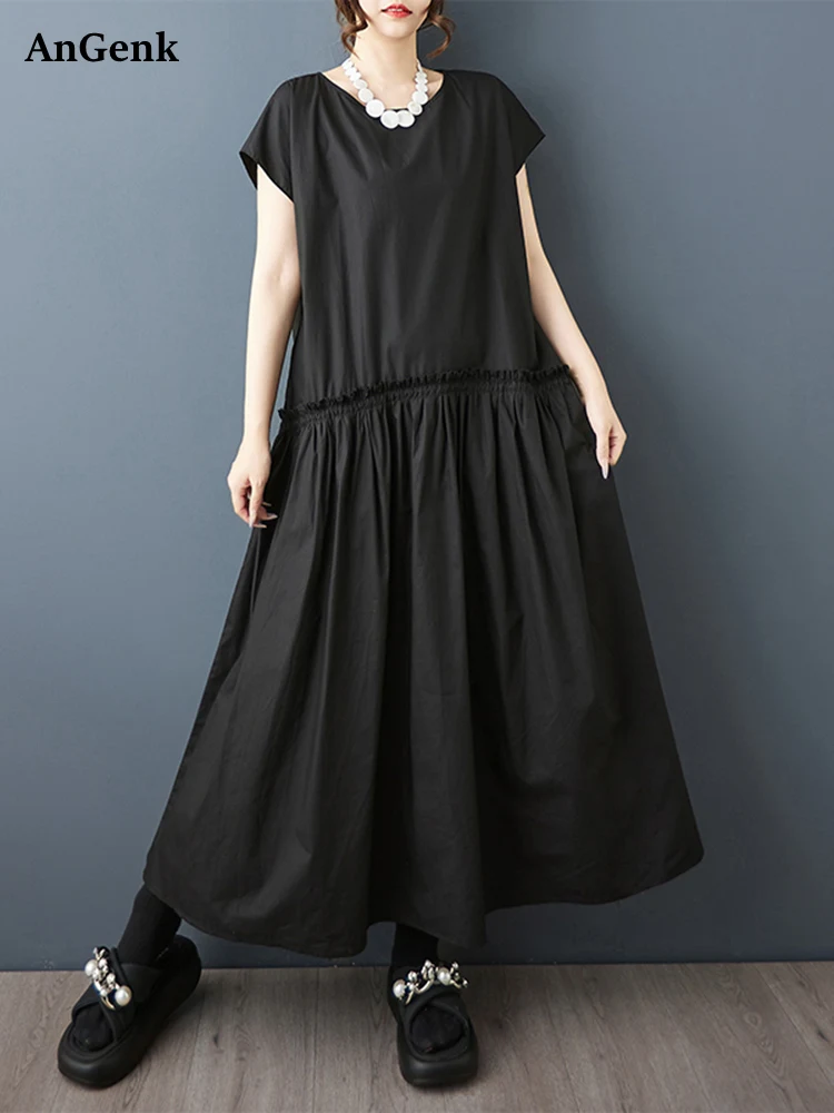 2026 Summer New Black Vintage Sleeveless Dresses For Woman Drawstring Draped Loose Casual Long Dress Fashion Elegant Clothing