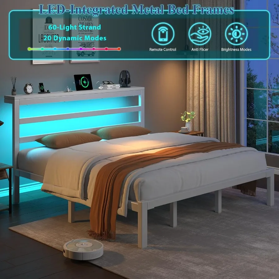 إطار سرير بحجم كينج مع لوح رأسي للتخزين وسرير بمنصة صناعية مع محطة شحن وأضواء LED ومساحة تخزين تحت السرير #5