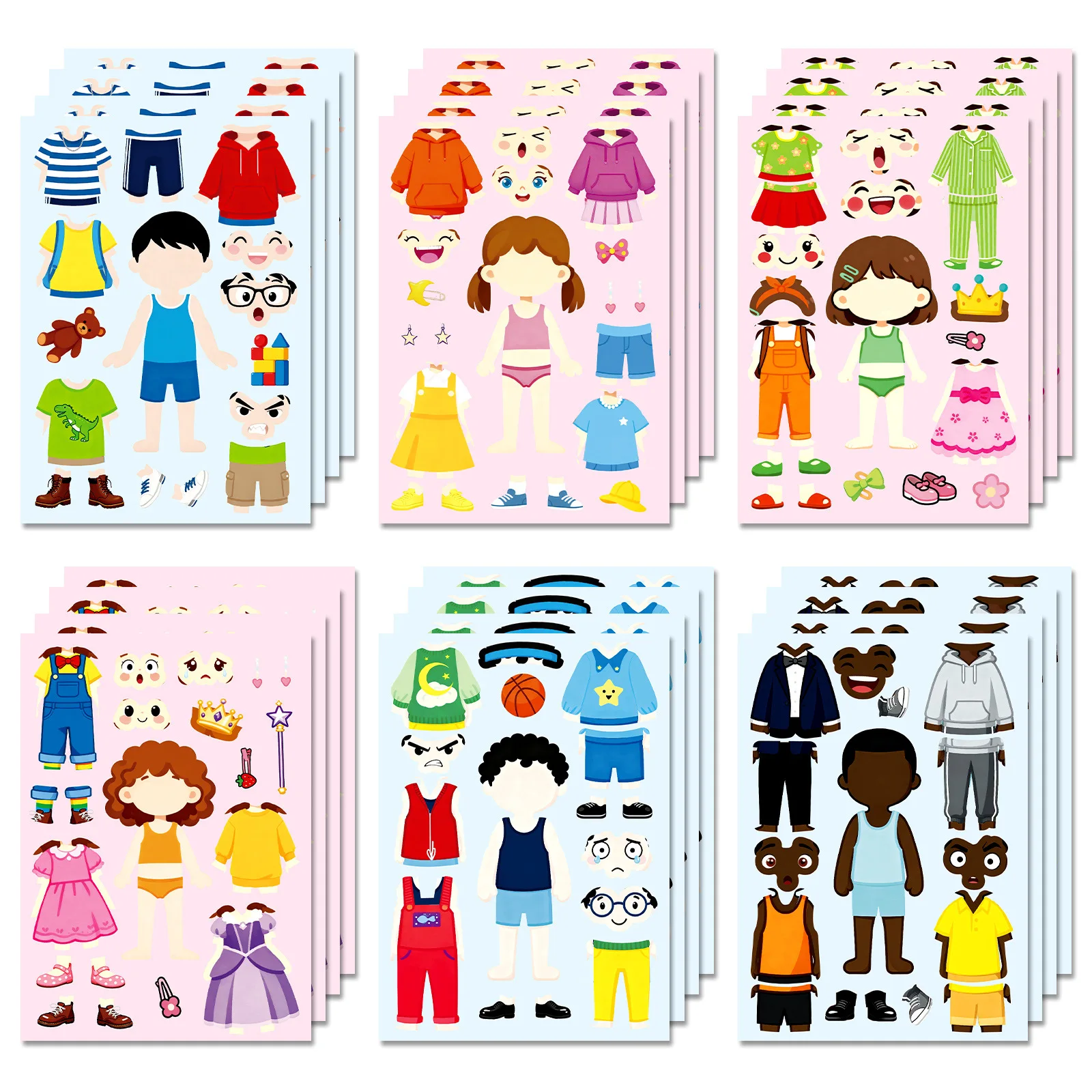 6/12PCS DIY Dress up Puzzle Stickers for Cartoon Characters with Different Skin Colors Clothing Expression Funny Sticker