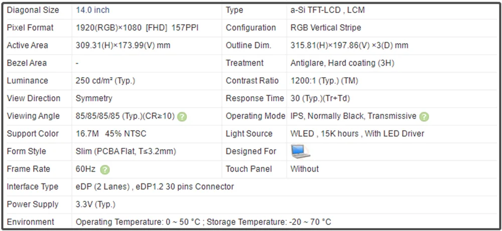 M140NWF5 R2 14 Inch Laptop LCD Screen IPS Panel FHD 1920*1080 EDP 30pins Slim 60Hz 45% NTSC