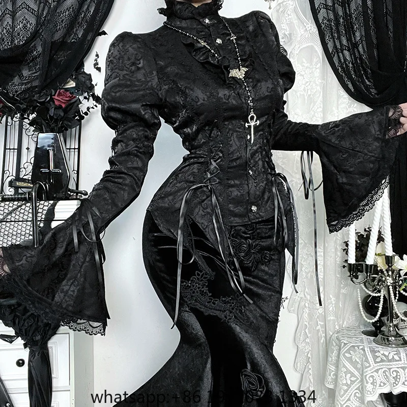 Camiseta gótica Lolita de Halloween para mujer, camiseta ajustada con cuello alto y mangas acampanadas, camiseta ajustada con lazo, camisetas estéticas Vintage Y2k de los años 90