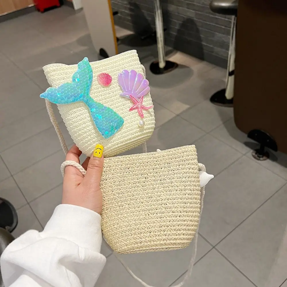 Summer Kids Straw Woven Messenger Bag Lovely Mermaid Small Coin Purse Handbags Mini Shoulder Bags Princess Wallet for Girls