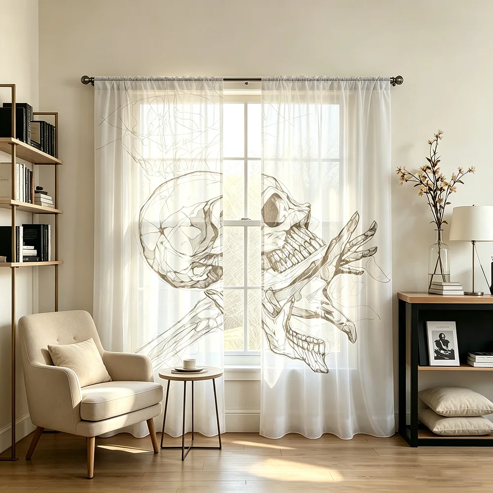 2PCS Digital Print Sheer Curtains Sketch Skull Skeleton Hand Line Art Print Gothic A&B Sheer Window Curtains
