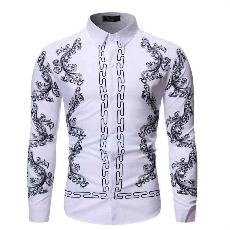 Baroque Floral Royal Shirts Men Luxury Print Designer Tops Paisley Pattern Flowers Fashion Western Long sleeve Shirt Camisas