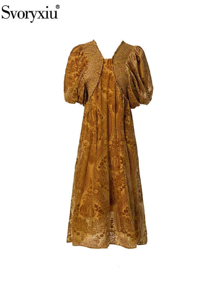 Svoryxiu-Vestido largo Vintage de terciopelo negro para fiesta de verano, moda de pasarela, vestidos acampanados de cintura alta con cuello en V y manga acampanada