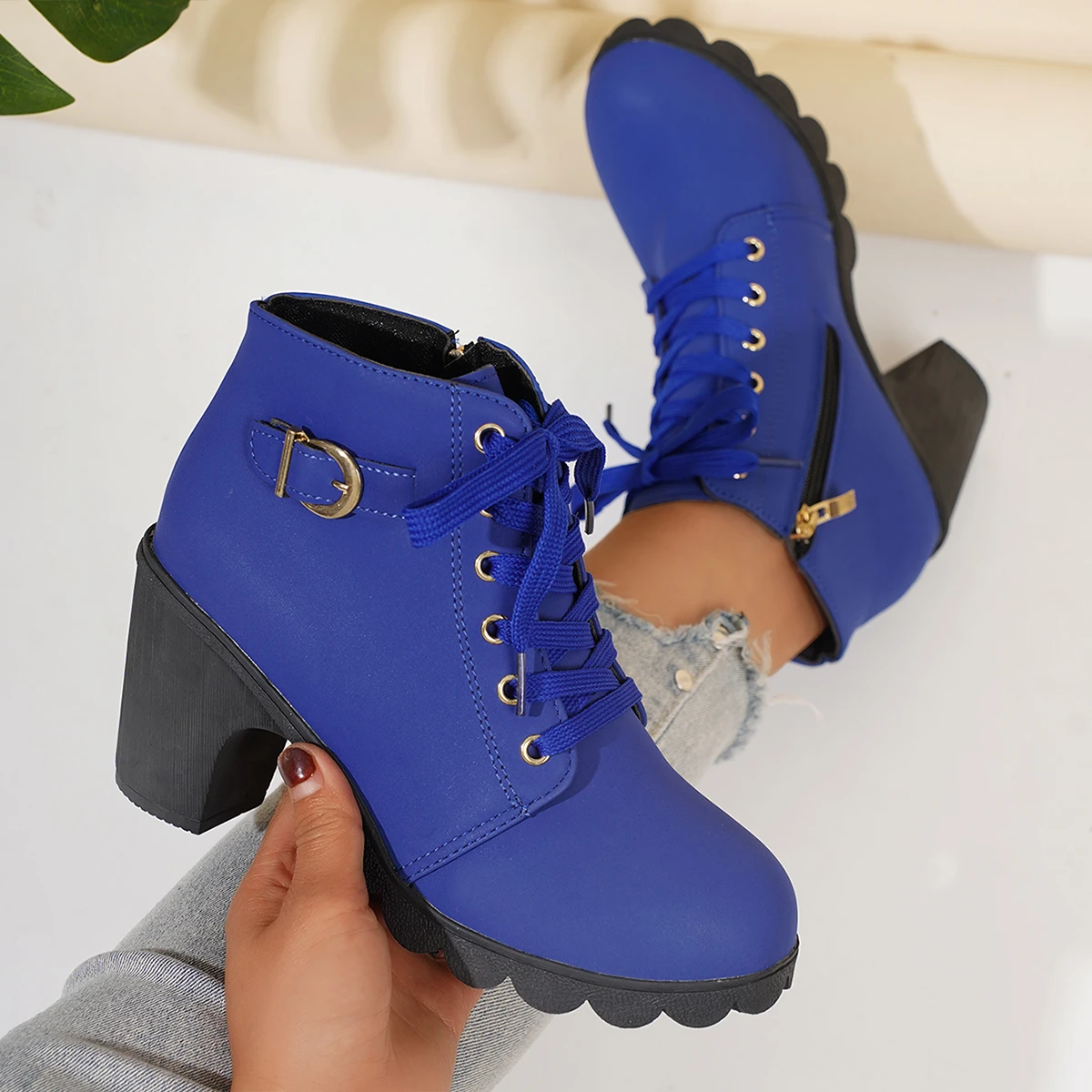 Boots for Women High Quality Suede Casual Boots Classic Lace-up High Heeled Boots for Women Zipper Ankle Booties Bottines Femmes