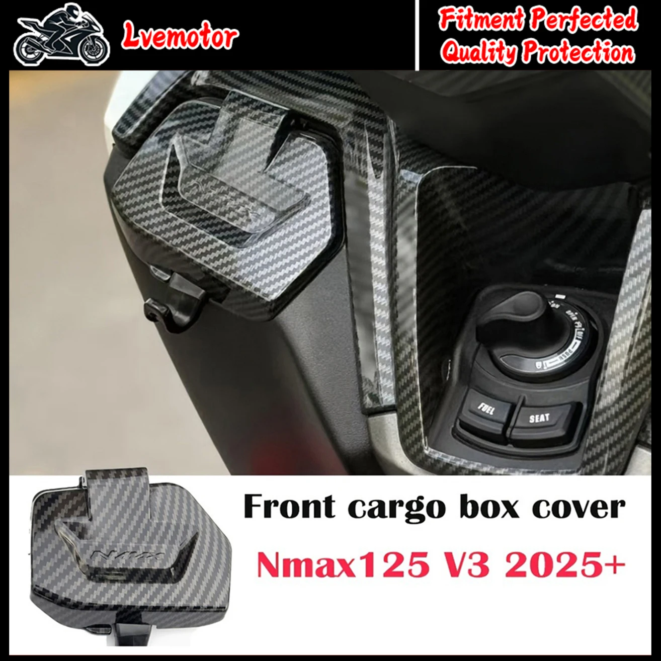

For YAMAHA NMAX155 125 V3 2025-2026 Motorcycle Carbon Fiber Texture Front Storage Box Cover with Luggage Hooks
