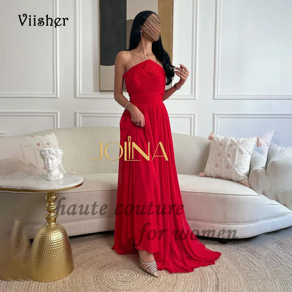 

Red Chiffon Evening Dresses Strapless A Line Long Dubai Arabic Prom Dress Floor Length Wedding Guest Dress Lace Up Back