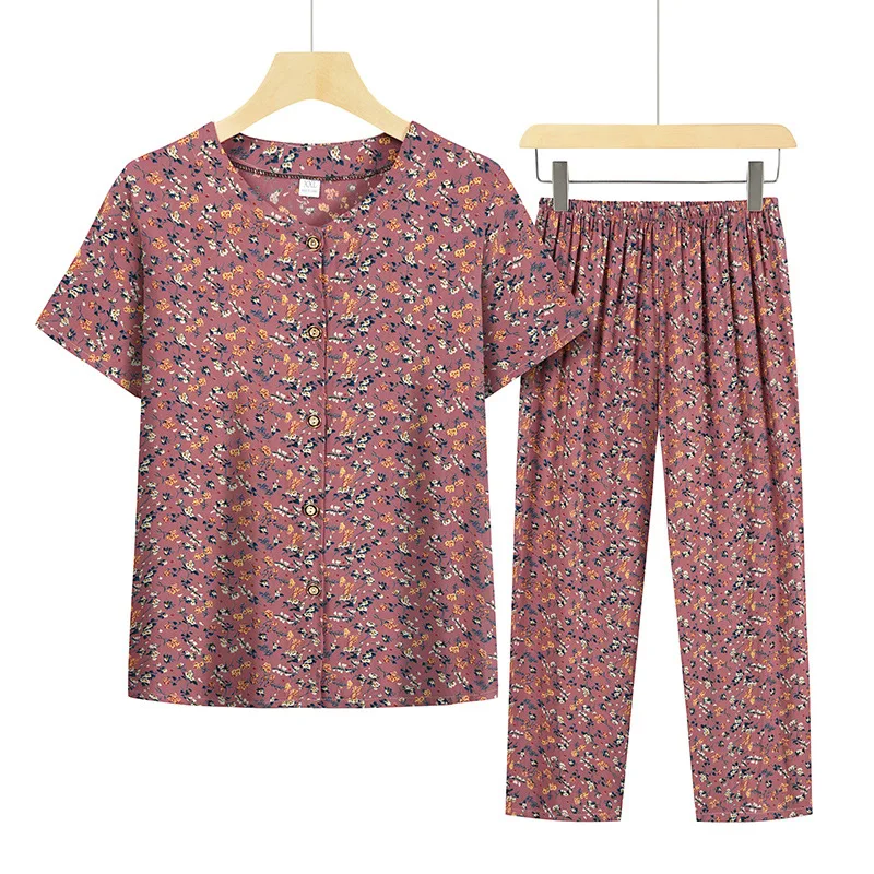 XL-4XL Large Size Women's Pajamas Set Printed Grandma Short Sleeve Trousers Suit Middle Aged Mother Sleepwear Two Piece Pijama