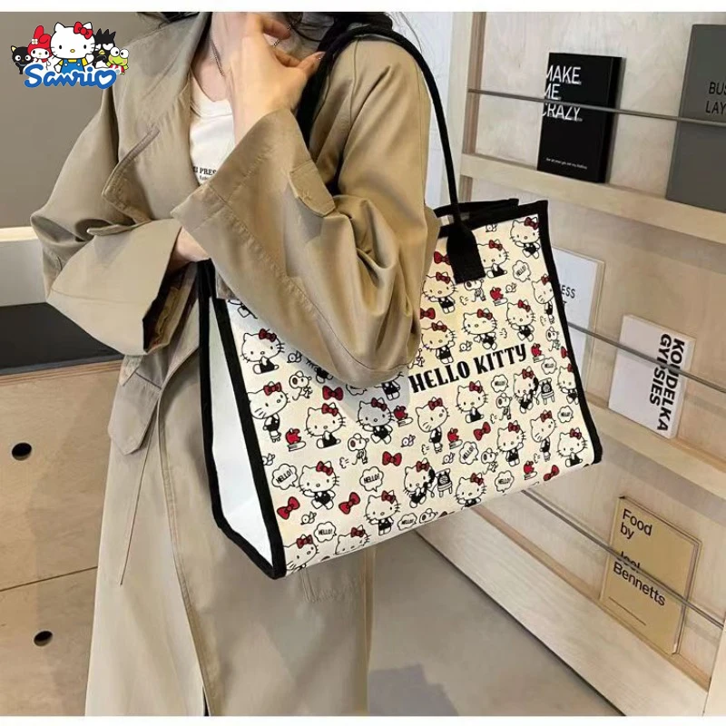 

Sanrio Hello Kitty kawaii canvas tote bag Large Zipper Shoulder Bag Lightweight cute fashion woven tote bag travel bag