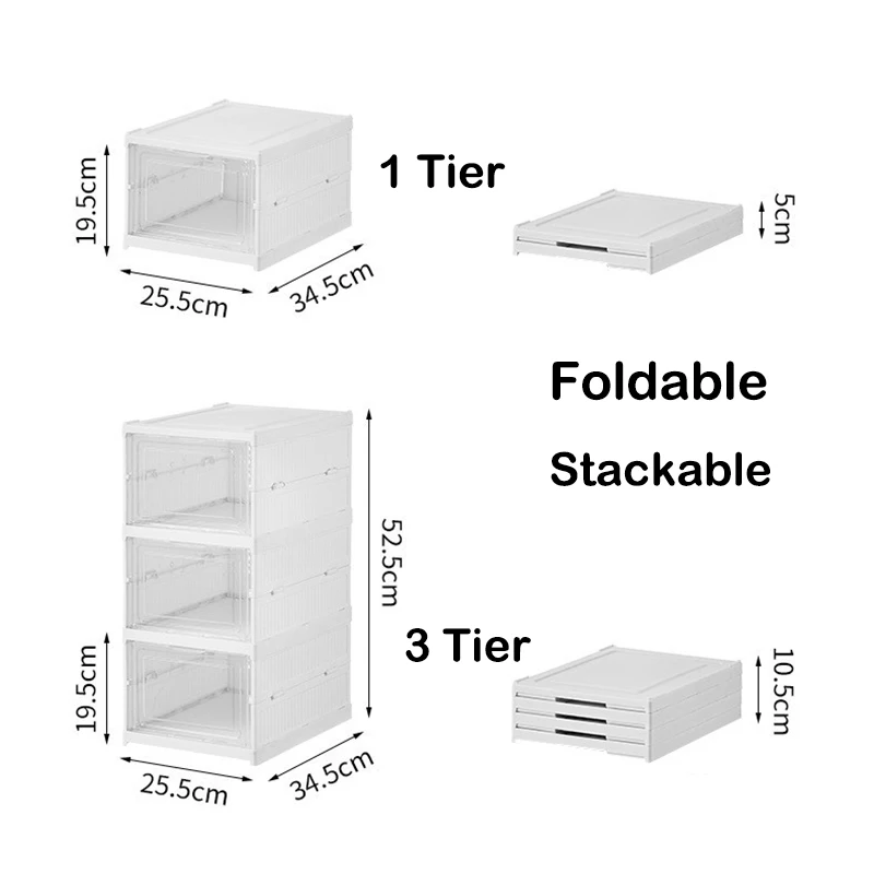 1Tier Stackable More Foldable Transparent Sneaker Shoe Storage Organizers Box Dustproof High-top Cabinet Folding Shoe Rack Shelf