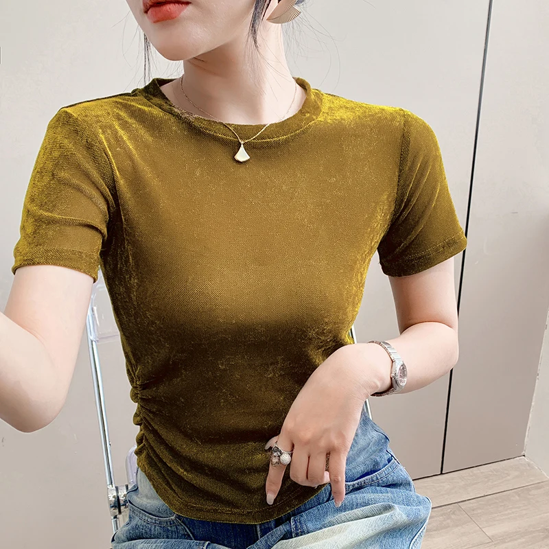 Camiseta de terciopelo con flores de hielo para mujer, camiseta de cintura alta, ort Sle, adelgazante, versión coreana, Top de verano