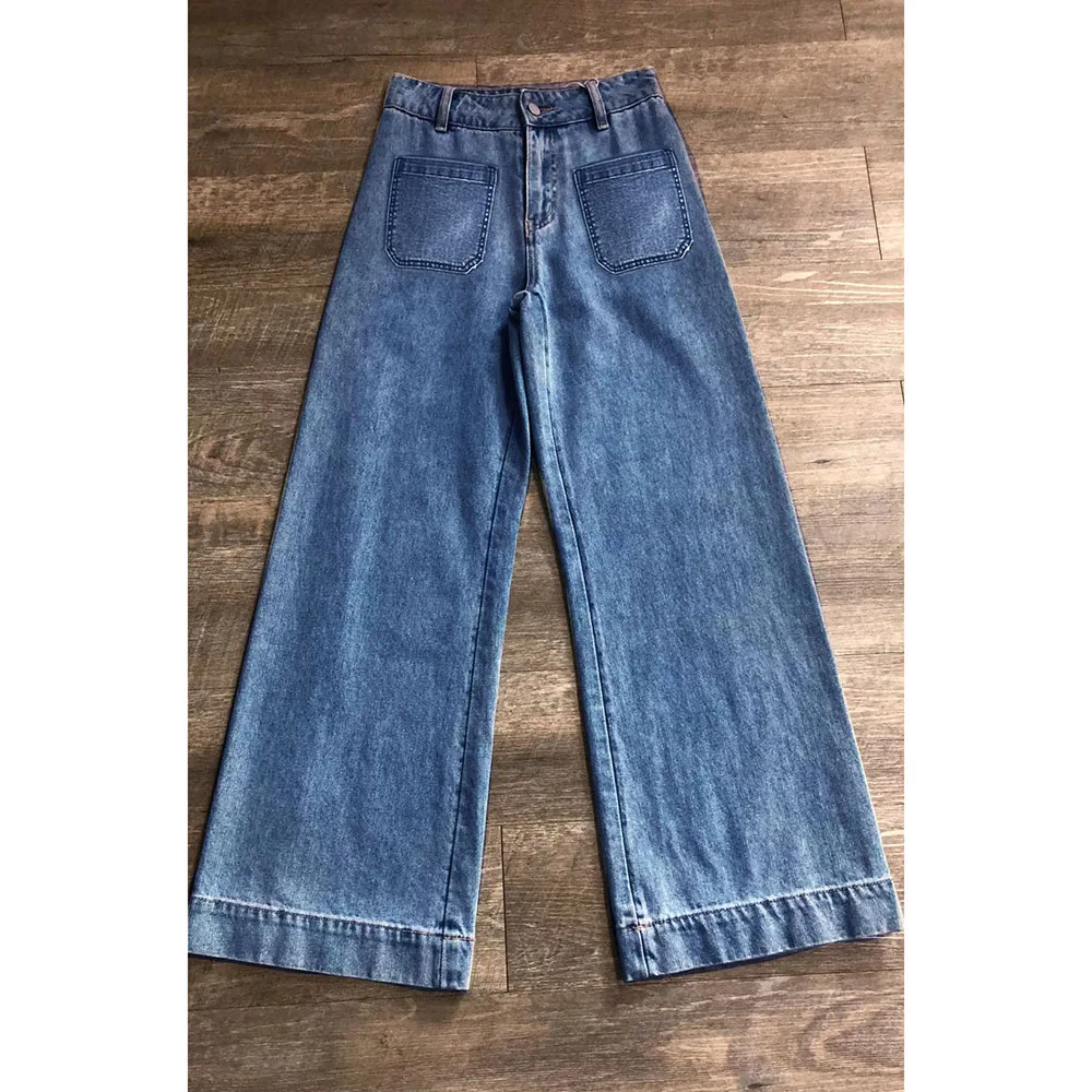 

Women's Wide Leg Denim Jeans High Waist Back Pockets Casual Fashion Loose Fit Solid Color Streetwear New Trendy Female Trousers