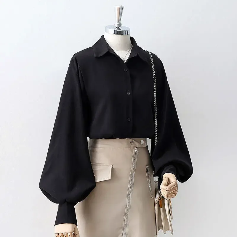 Deeptown Lantern Sleeves Vintage Shirts Women Elegant White Womens Blouse with Lush Sleeves 2024 Fashion Button Up Shirt Black