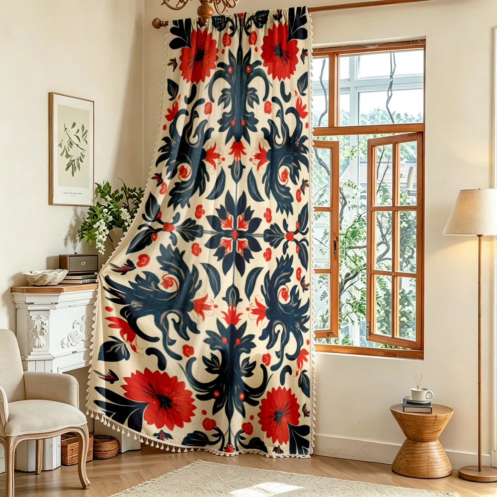 1PC Vintage Tassel Sheer Curtains, Red Blue Damask Floral, Digital Print, Linen Polyester, Bedroom Living Room, Home Decor
