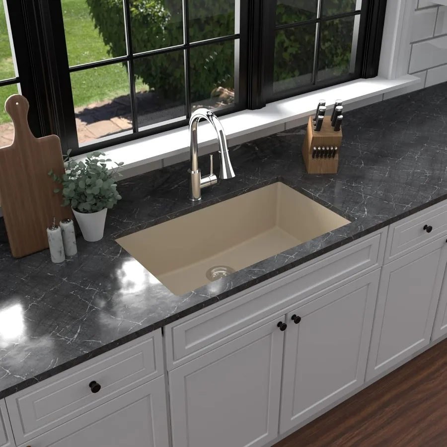 

Undermount 33 Large Single Bowl Granite Quartz Composite Kitchen Sink in Bisque Extra Deep 9 Basin Heat Scratch Resistant Sound
