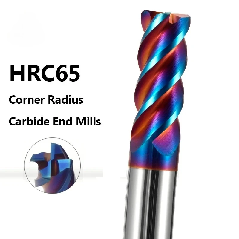 HRC68 Tungsten steel milling cutter, four edge hard alloy end mill, four edge round nose extended keyway CNC tool milling cutter